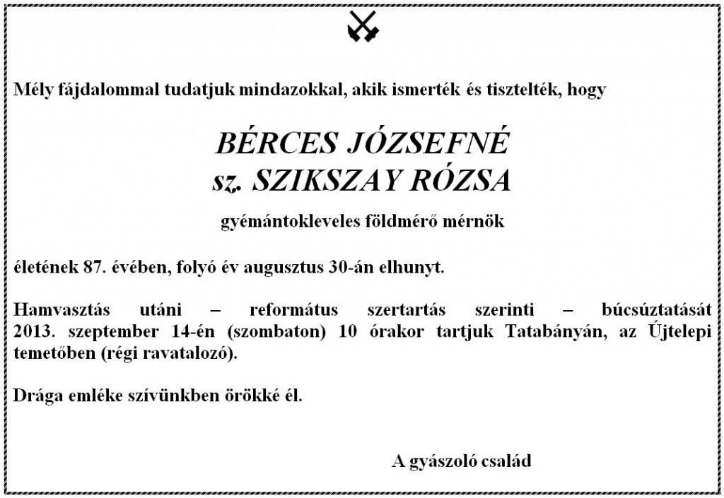 Bérces Józsefné gyászjelentés