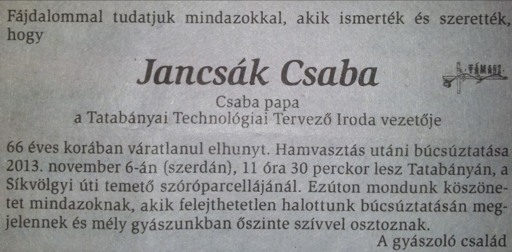 Jancsák Csaba gyászjelentés