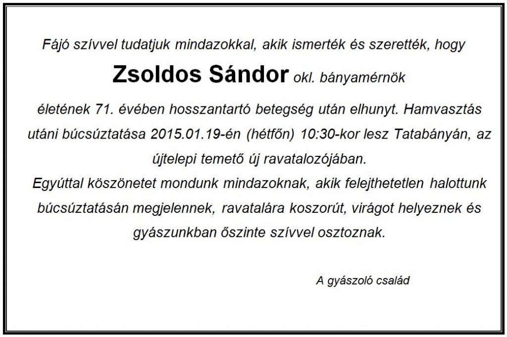 Zsoldos Sándor gyászjelentés