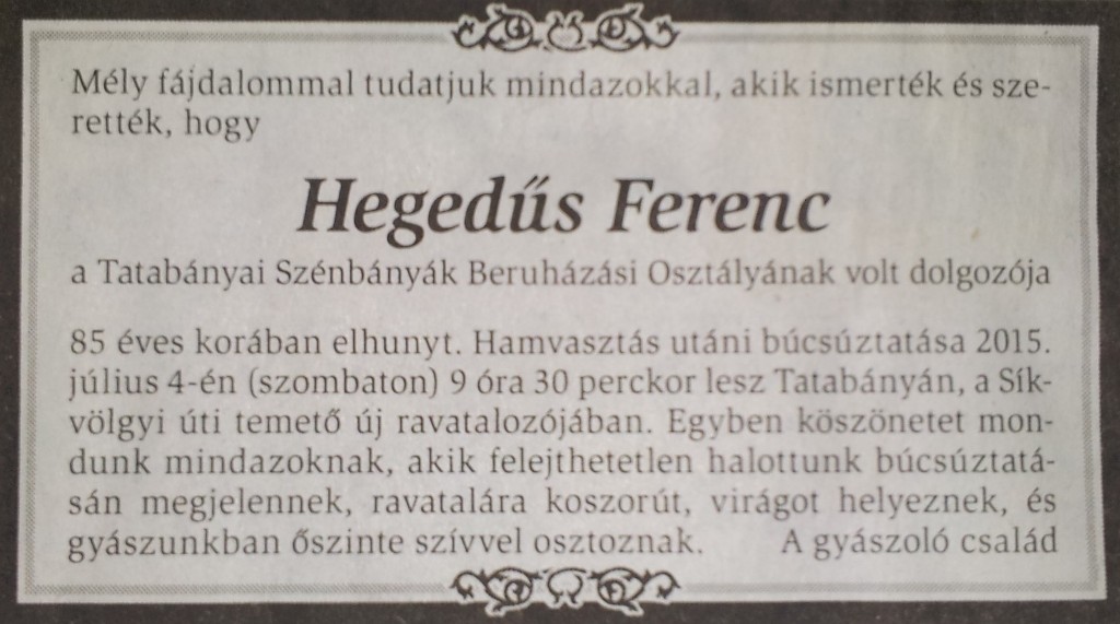 Hegedűs Ferenc gyászjelentés