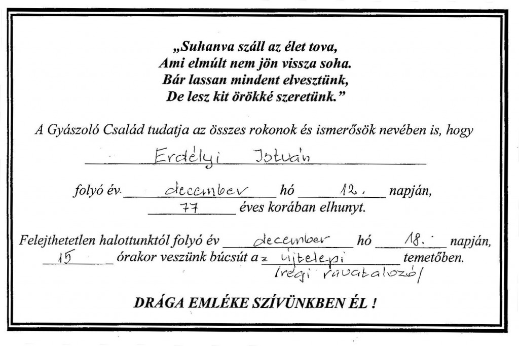 Erdélyi István gyászjelentés